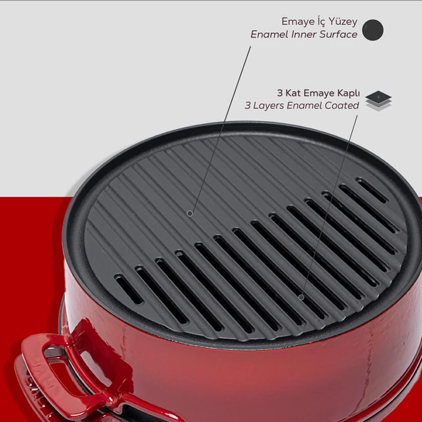 Lava Döküm Yuvarlak Mangal Izgara Set Döküm Demir Yekpare Çift Kulplu Çap (Ø)36cm. Kırmızı - 7