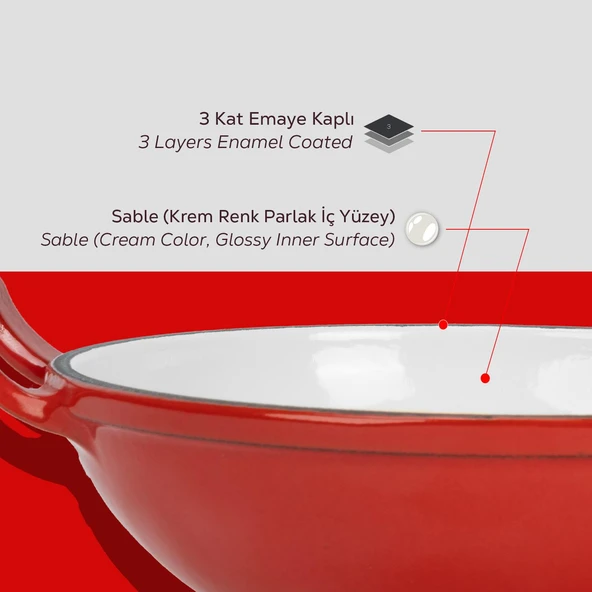 Lava Döküm Mini Wok Yekpare Kulplu Cam Kapaklı Edition Serisi Çap(Ø)16cm.  Kırmızı - Resim 7
