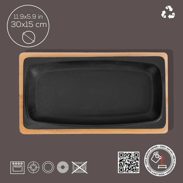 Lava Döküm Dikdörtgen Servis Tabağı ve Kayın Servis Ahşabı. Ölçü 30x15cm. - 3