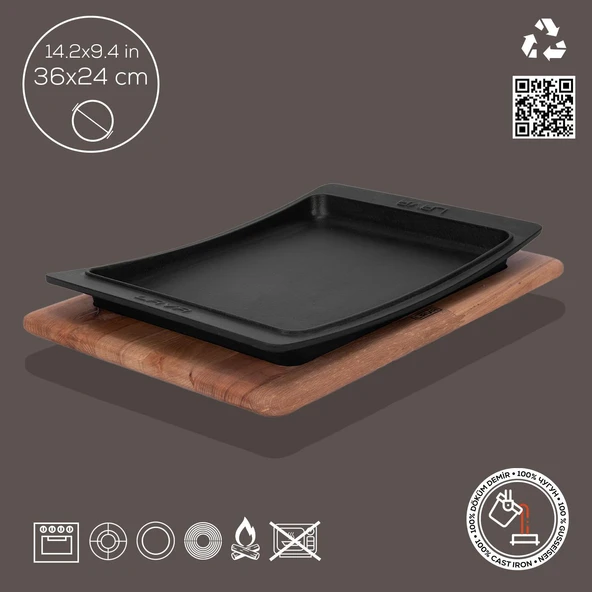 Lava Döküm Dikdörtgen Servis Tabağı ve Kayın Servis Ahşabı. Ölçü 36x24cm. - 2