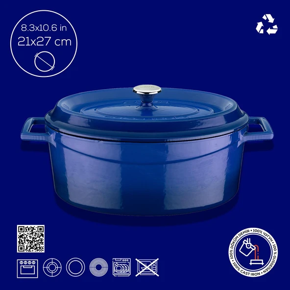 Lava Döküm Oval Tencere. Trendy Serisi Ölçü 21x27cm.  Mavi - Resim 4