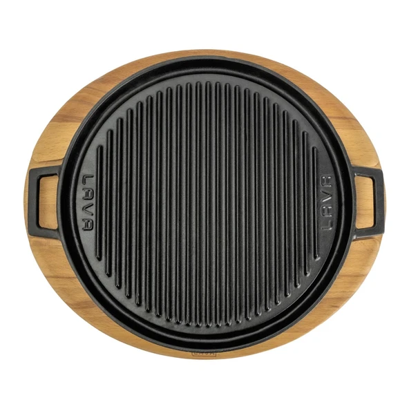 Lava Döküm Yuvarlak Çift Yön Izgara Tavası Kayın Servis Ahşabı Döküm Demir Yekpare Çift Kulplu Çap(Ø)28cm.