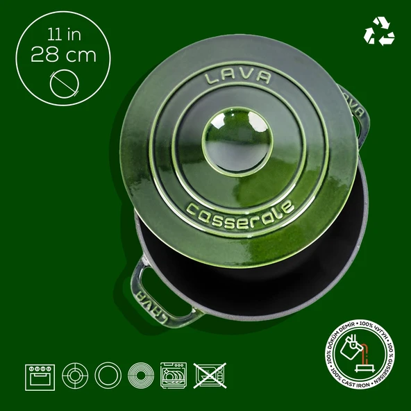 Lava Döküm Yuvarlak Tencere Döküm Demir Kapak Experience Majolik Serisi Çap(Ø)28cm  Yeşil - Resim 4