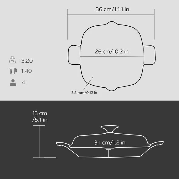 Lava Döküm Kızartma Tavası Cam Kapaklı Döküm Demir Yekpare Çift Kulplu Ölçü 26x26cm. - Resim 3