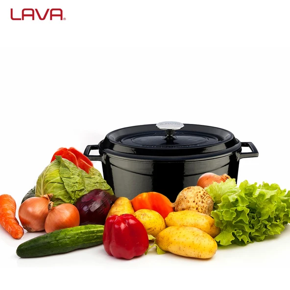 Lava Döküm Oval Tencere. Trendy Serisi Ölçü 23x29cm.  Siyah - Resim 7