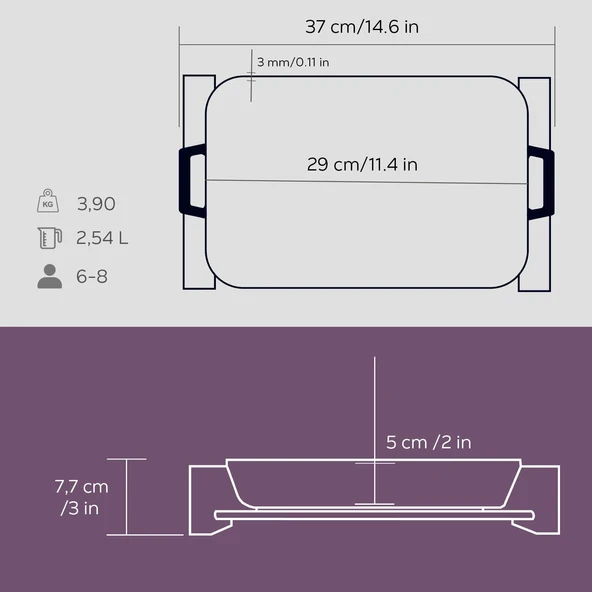 Lava Döküm Dikdörtgen Rosto ve Fırın Tepsisi Kayın Servis Ahşabı Döküm Demir Yekpare Çift Kulplu Ölçü 22x30cm.  Mor - 5