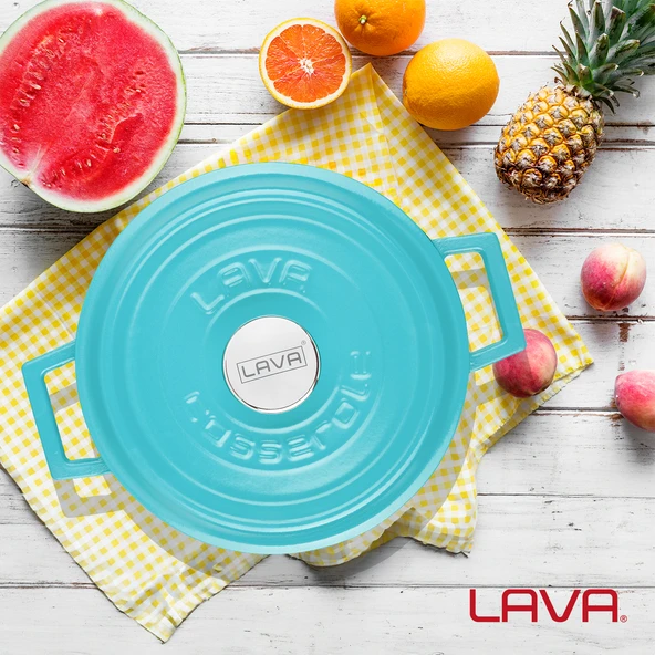 Lava Döküm Yuvarlak Tencere Döküm Demir Yekpare Kulplu Spring Serisi Çap(Ø)24cm.  Turkuaz - 7