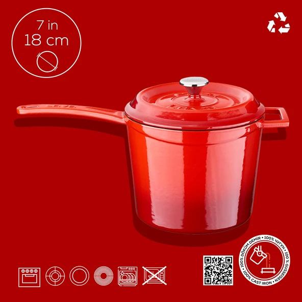 Lava Döküm Yuvarlak Sos Tenceresi. Döküm Demir Yekpare Saplı Trendy Serisi Çap(Ø18 cm.  Kırmızı - Resim 3