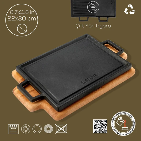 Lava Döküm Dikdörtgen Çift Yön Izgara Hot Plate Döküm Demir Yekpare Çift Kulplu Kayın Servis Ahşabı Ölçü 22x30cm. - Resim 4