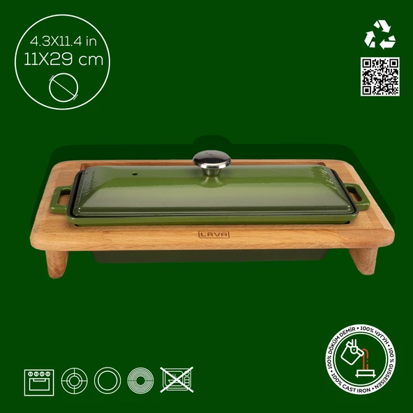 Lava Döküm Ekmek Tenceresi / Kayın Ağacı Servis Standı / Terrine Serisi. Ölçü 11x29cm.  Yeşil - Resim 3