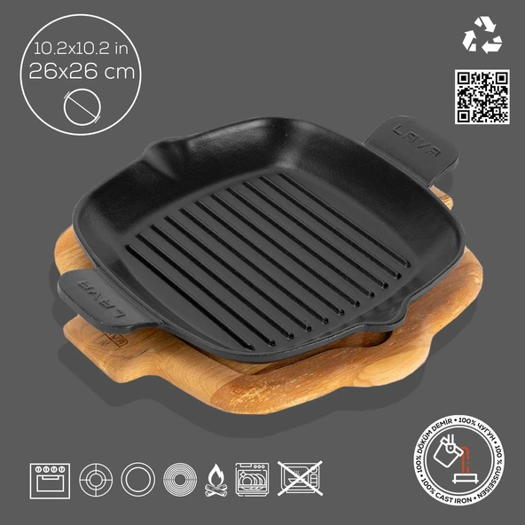 Lava Döküm Izgara Tavası Kayın Servis Ahşabı Döküm Demir Yekpare Çift Kulplu Ölçü 26x26cm. - Resim 2