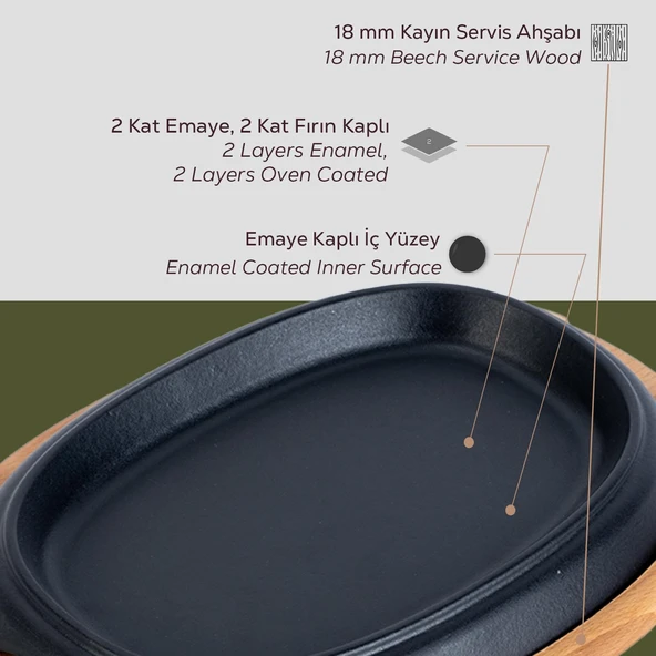 Lava Döküm Oval Fajita Tabağı Kayın Servis Ahşabı Ölçü 12x19cm. - Resim 4