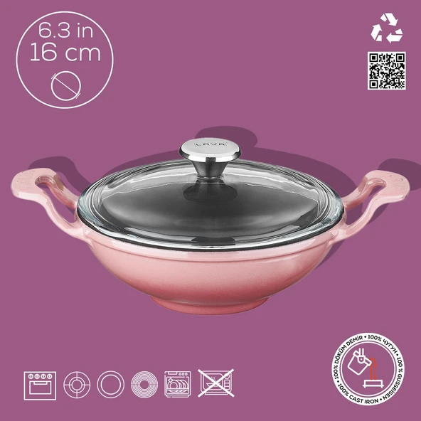 Lava Döküm Mini Wok Yekpare Kulplu Cam Kapaklı Çap(Ø)16cm.  Pembe - 3