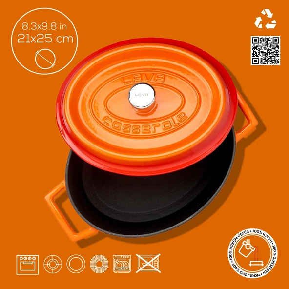 Lava Döküm Oval Tencere. Trendy Serisi Ölçü 21x25cm.  Turuncu - Resim 4