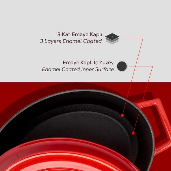 Lava Döküm Oval Tencere. Trendy Serisi Ölçü 21x27cm.  Kırmızı - Resim 6