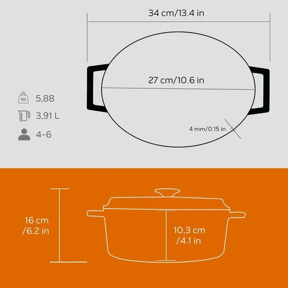 Lava Döküm Oval Tencere. Trendy Serisi Ölçü 21x27cm.  Turuncu - Resim 5