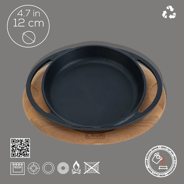 Lava Döküm Yuvarlak Sahan Döküm Demir Yekpare Çift Kulplu Kayın Servis Ahşabı Çap(Ø)12cm. - Resim 4