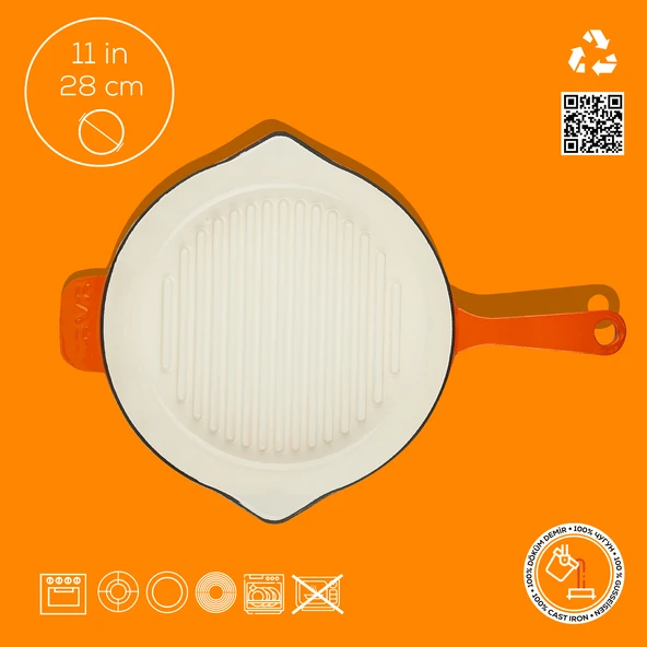 Lava Döküm Yuvarlak Izgara Tavası Döküm Demir Yekpare Saplı Edition Serisi Çap(Ø)28cm.  Turuncu - 4