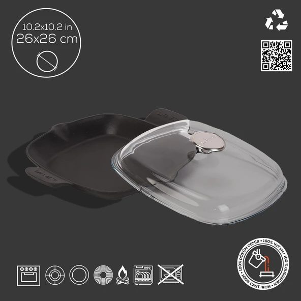 Lava Döküm Kızartma Tavası Cam Kapaklı Döküm Demir Yekpare Çift Kulplu Ölçü 26x26cm. - Resim 2