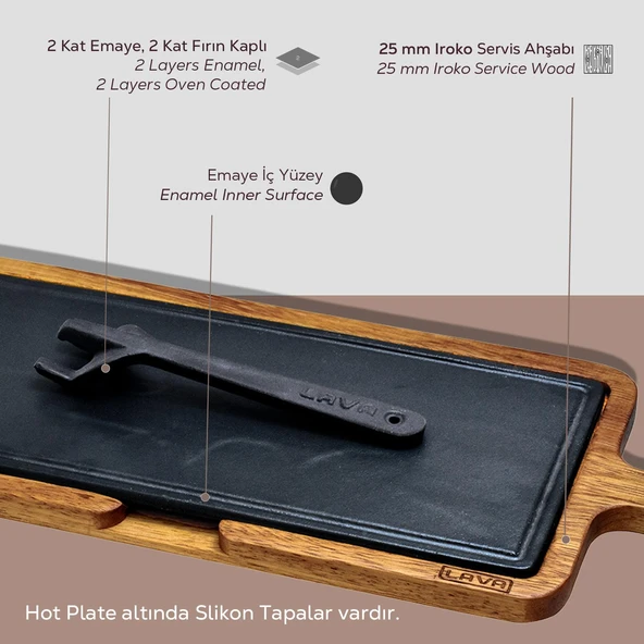 Lava Döküm Ahşap ve Döküm Demir Hot Plate Servis Tahtası. Ölçü 17x37cm. - 4