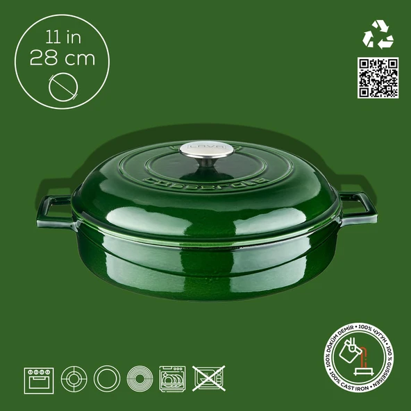 Lava Döküm Çok Amaçlı Yayvan Tencere Döküm Demir Kubbe Form Kapak Premium Serisi Çap(Ø)28cm.  Yeşil - Resim 4