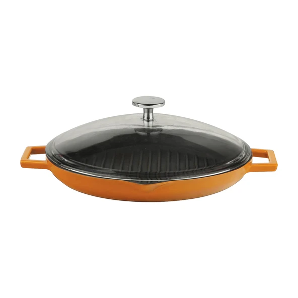 Lava Döküm Yuvarlak Izgara Tavası Cam Kapaklı Döküm Demir Yekpare Çift Kulplu Çap(Ø)26cm.  Turuncu ürün görseli