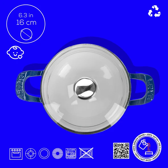 Lava Döküm Mini Wok Yekpare Kulplu Cam Kapaklı Edition Serisi Çap(Ø)16cm.  Mavi - Resim 5