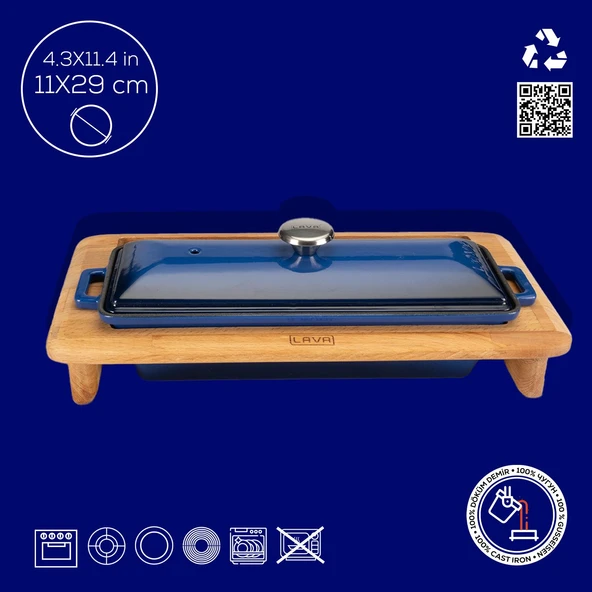 Lava Döküm Ekmek Tenceresi / Kayın Ağacı Servis Standı / Terrine Serisi. Ölçü 11x29cm.  Mavi - Resim 4