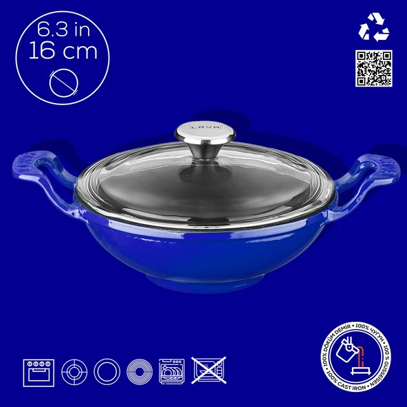 Lava Döküm Mini Wok Yekpare Kulplu Cam Kapaklı Çap(Ø)16cm.  Mavi - 3