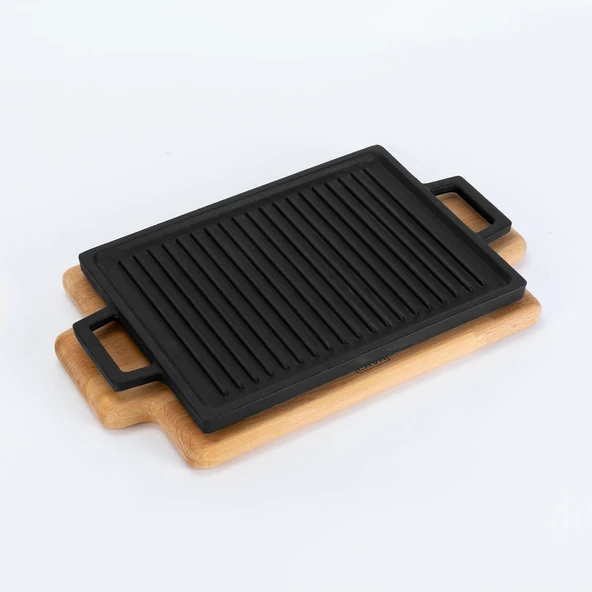 Lava Döküm Dikdörtgen Çift Yön Izgara ve Düz Yüzey Hot Plate Kayın Servis Ahşabı Ölçü 22x15cm.
