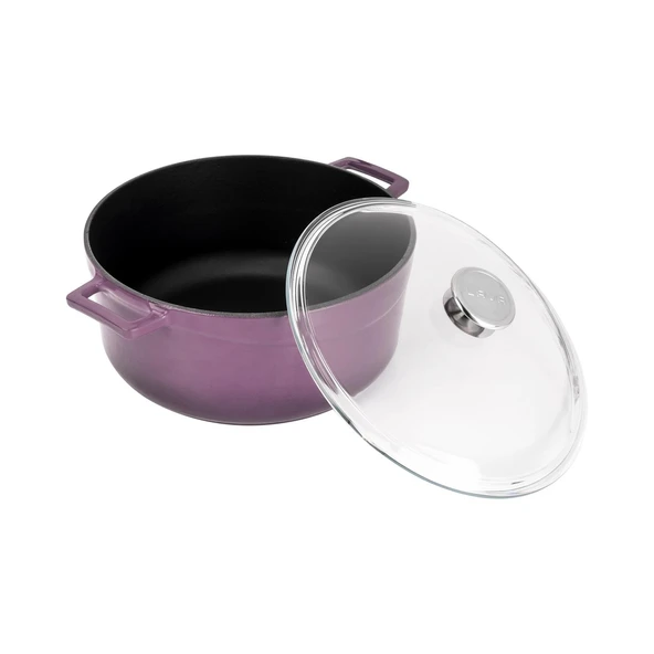 Lava Döküm Yuvarlak Tencere Cam kapaklı. Glaze Çap(Ø)28cm.  Mor - Resim 2