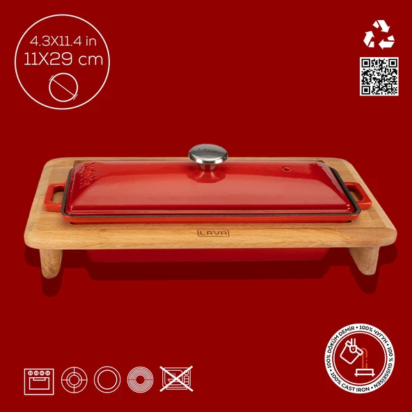 Lava Döküm Ekmek Tenceresi / Kayın Ağacı Servis Standı / Terrine Serisi. Ölçü 11x29cm.  Kırmızı - Resim 4