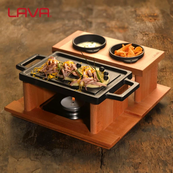Lava Döküm Dikdörtgen Çift Yön Izgara ve Düz Yüzey Hot Plate Kayın Servis Ahşabı Ölçü 22x15cm. (Iısıtıcı dahil değildir) - Resim 6