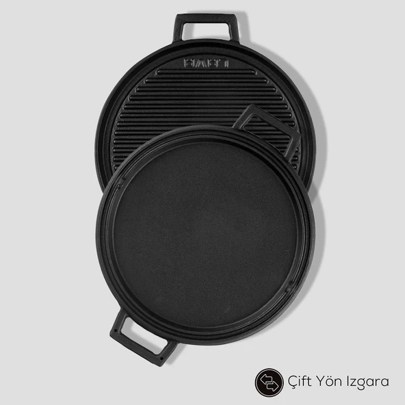 Lava Döküm Yuvarlak Çift Yön Izgara Tavası Kayın Servis Ahşabı Döküm Demir Yekpare Çift Kulplu Çap(Ø)28cm. - 7