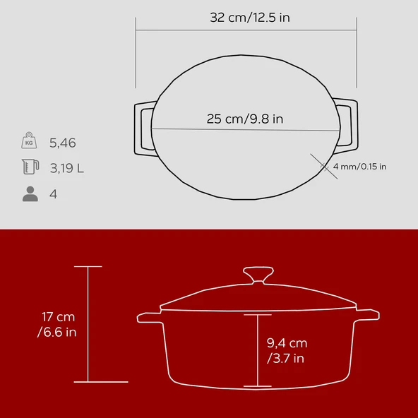 Lava Döküm Oval Tencere. Folk Serisi Ölçü 21x25cm.  Kırmızı - Resim 5