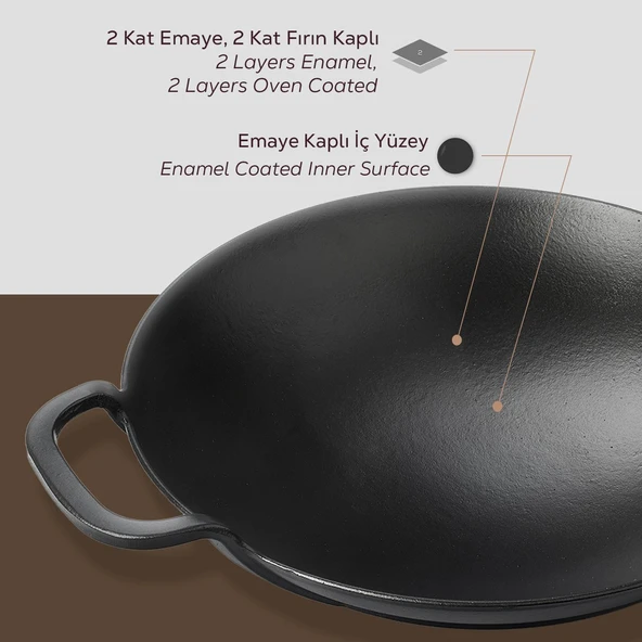 Lava Döküm Yuvarlak Wok Döküm Demir Yekpare Çift Kulplu Çap(Ø)38cm. - Resim 6