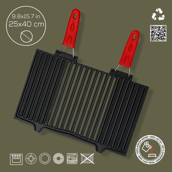 Lava Döküm Dikdörtgen Mangal Izgarası Silikon Paslanmaz Çift Tel Saplı Ölçü 40x25cm. - 4