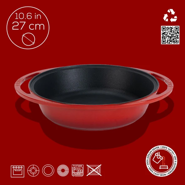 Lava Döküm Yuvarlak Derin Kızartma Tavası Döküm Demir Yekpare Çift Kulplu Çap(Ø)27cm.  Kırmızı - 4