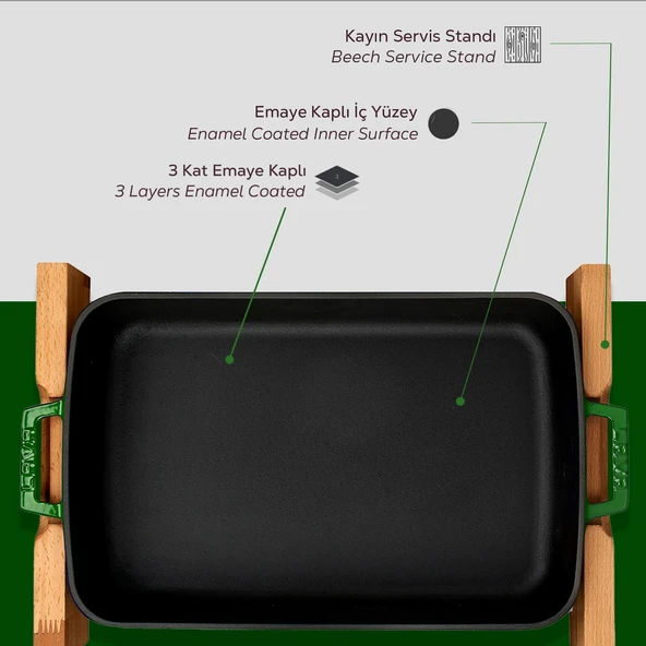 Lava Döküm Dikdörtgen Rosto ve Fırın Tepsisi Kayın Servis Ahşabı Döküm Demir Yekpare Çift Kulplu Ölçü 22x30cm. Yeşil - 5