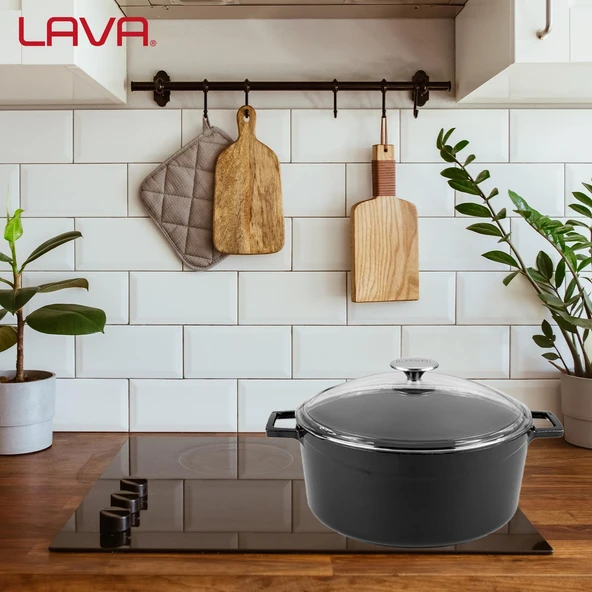 Lava Döküm Yuvarlak Tencere Cam kapaklı. Glaze Çap(Ø)28cm.  Siyah - Resim 7
