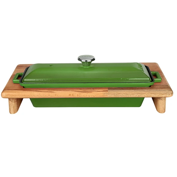 Lava Döküm Ekmek Tenceresi / Kayın Ağacı Servis Standı / Terrine Serisi. Ölçü 11x29cm.  Yeşil ürün görseli