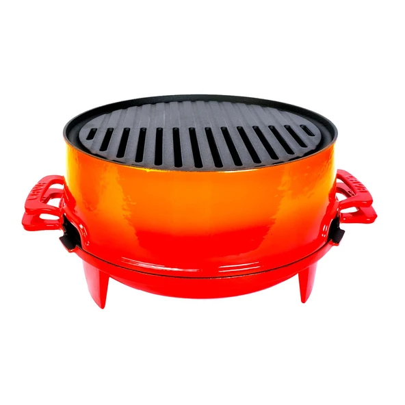 Lava Döküm Yuvarlak Mangal Izgara Set Döküm Demir Yekpare Çift Kulplu Çap (Ø)36cm. Turuncu