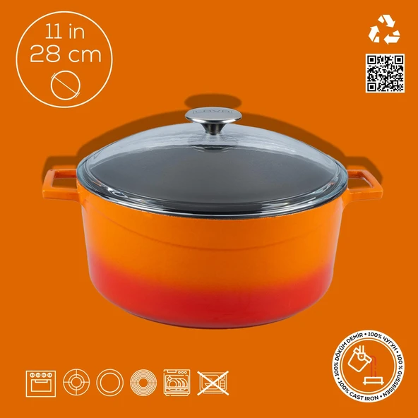 Lava Döküm Yuvarlak Tencere Cam kapaklı. Glaze Çap(Ø)28cm.  Turuncu - Resim 4