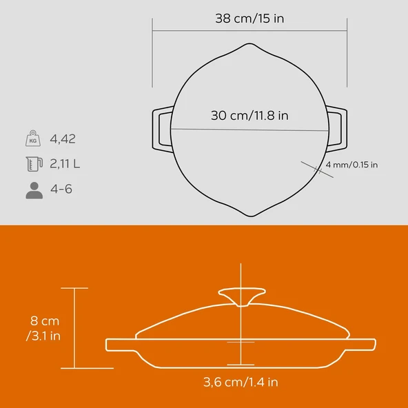 Lava Döküm Yuvarlak Kızartma Tavası Cam Kapaklı Döküm Demir Yekpare Çift Kulplu Çap(Ø)30cm.  Turuncu - Resim 3