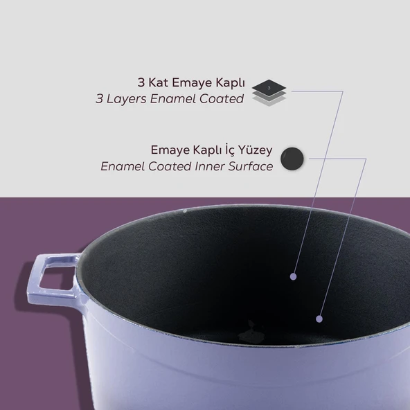 Lava Döküm Yuvarlak Tencere Cam kapaklı. Glaze Çap(Ø)28cm.  Mor - Resim 6