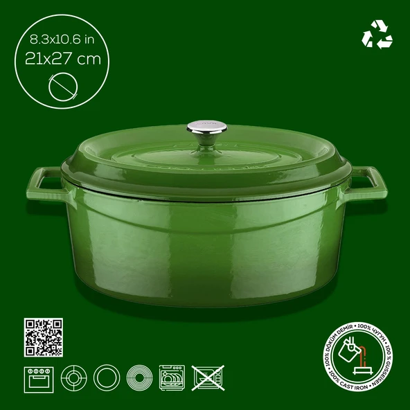 Lava Döküm Oval Tencere. Trendy Serisi Ölçü 21x27cm.  Yeşil - Resim 4