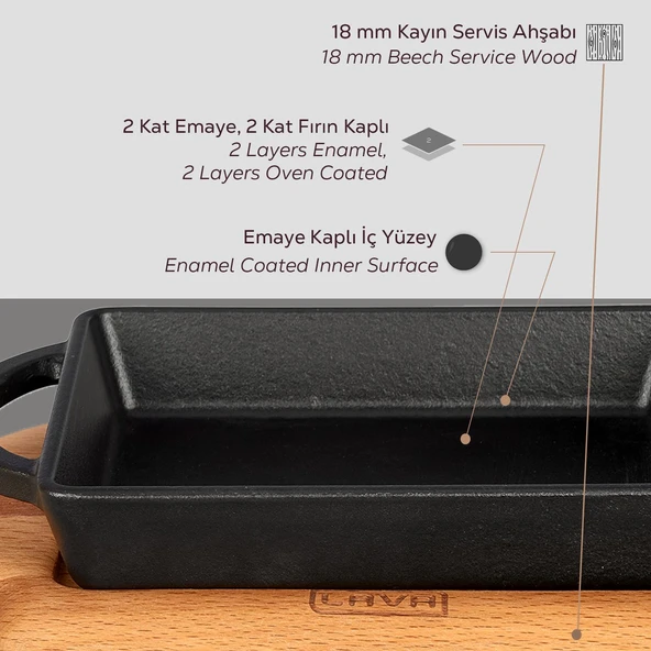 Lava Döküm Dikdörtgen Sahan Döküm Demir Yekpare Çift Kulplu Kayın Servis Ahşabı Ölçü 12x15cm. - 6