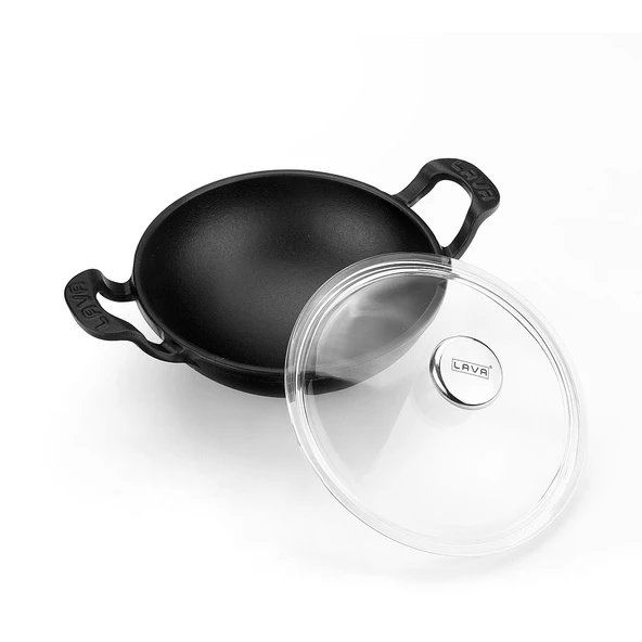 Lava Döküm Mini Wok Yekpare Kulplu Cam Kapaklı Çap(Ø)16cm.  Siyah - 2