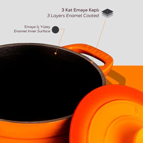 Lava Döküm Yuvarlak Tencere Döküm Demir Kapak Experience Serisi Çap(Ø)23cm  Turuncu - 6