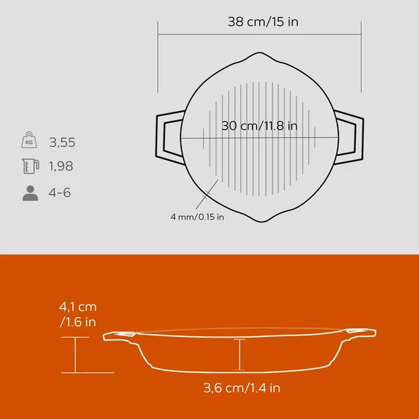 Lava Döküm Yuvarlak Izgara Tavası Döküm Demir Yekpare Çift Kulplu Çap(Ø)30cm.  Turuncu - Resim 5